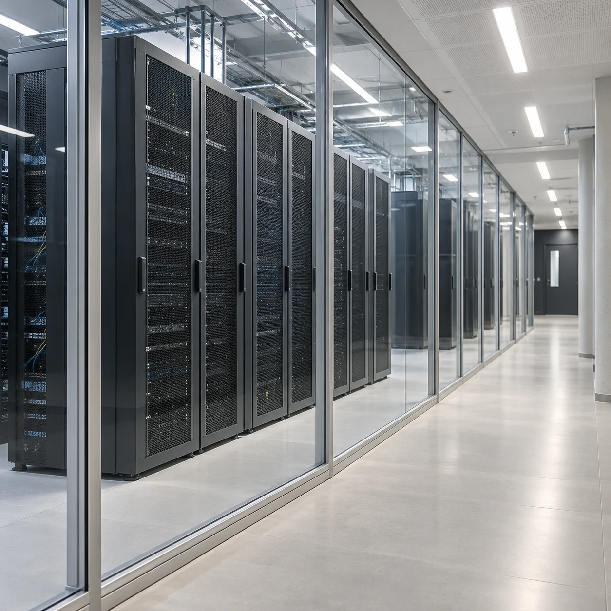 Serverkasten achter glazen wanden in een licht en modern datacenter